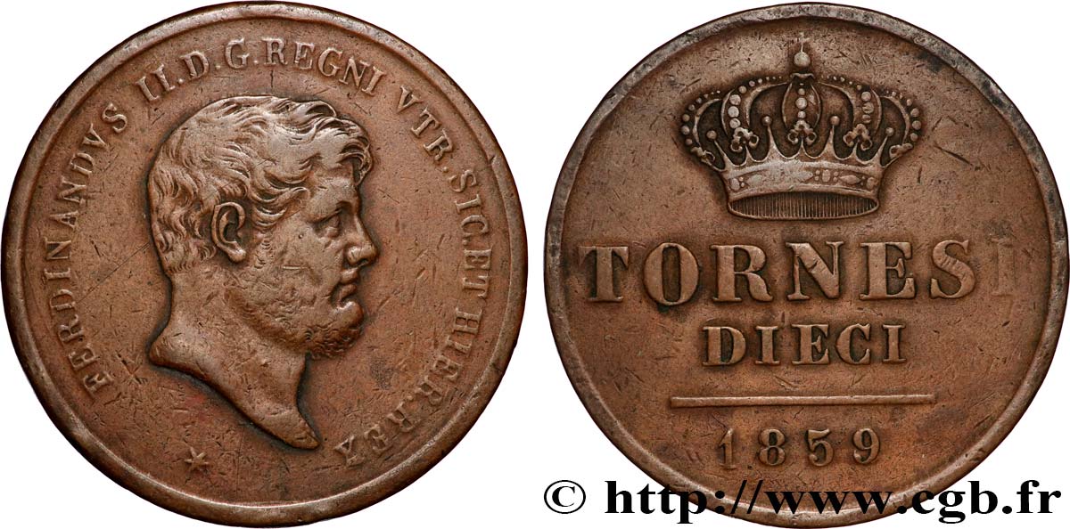 ITALIA - REINO DE LAS DOS SICILIAS - FERNANDO II 10 Tornesi  1859  BC+ 