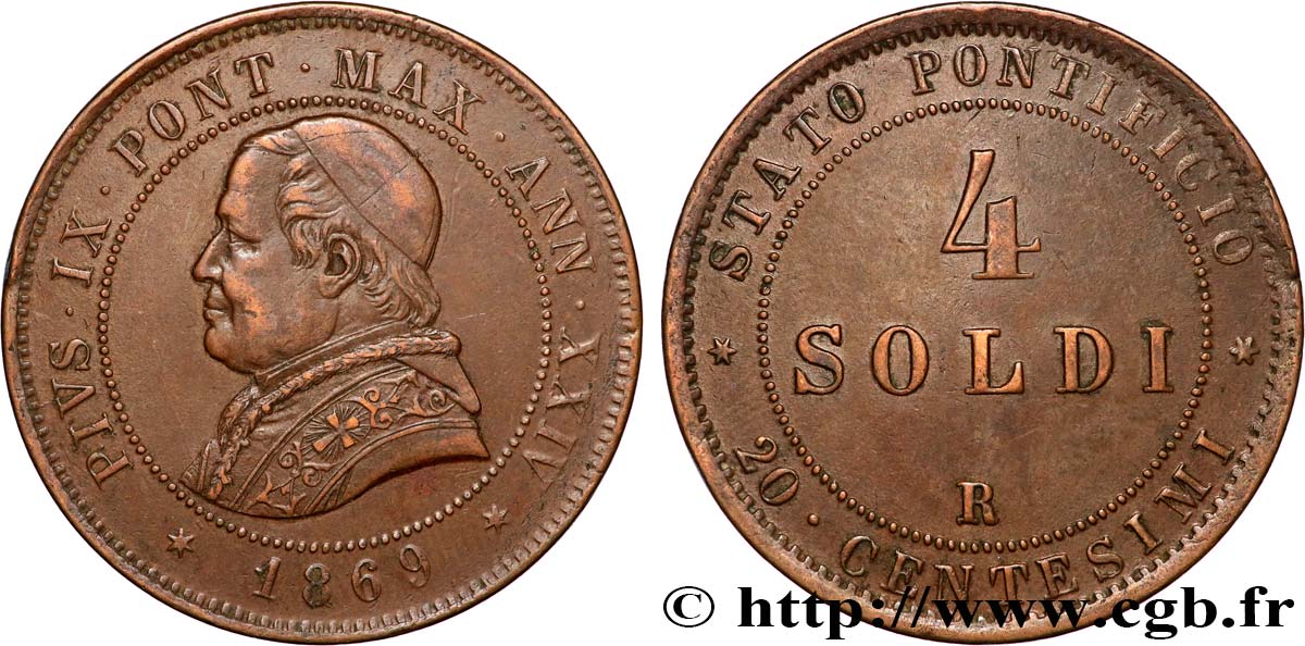 ITALIEN - KIRCHENSTAAT - PIE IX. Giovanni Maria Mastai Ferretti) 4 Soldi (20 Centesimi) an XXIV 1869 Rome SS 