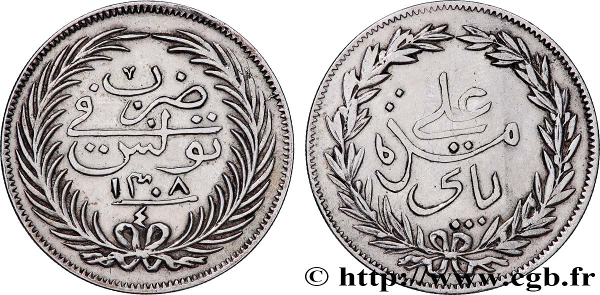 TUNISIA 4 Rials au nom de Ali Ben Hussein Bey an 1308 1891  XF 