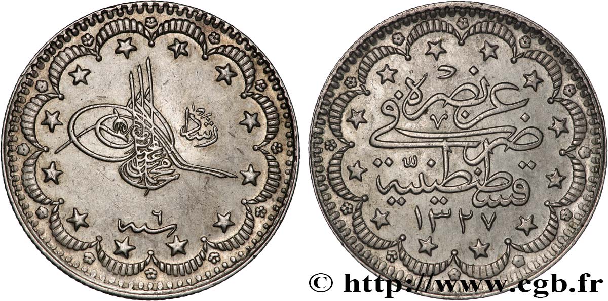 TURQUIE 5 Kurush AH1327 an 4 1912 Constantinople TTB+ 