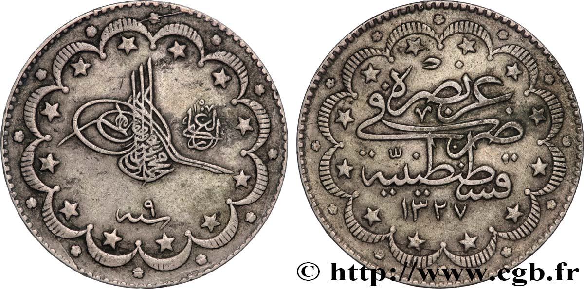 TURQUIE 10 Kurush au nom de Mehmet V AH1327 an 9 1909 Constantinople TTB 