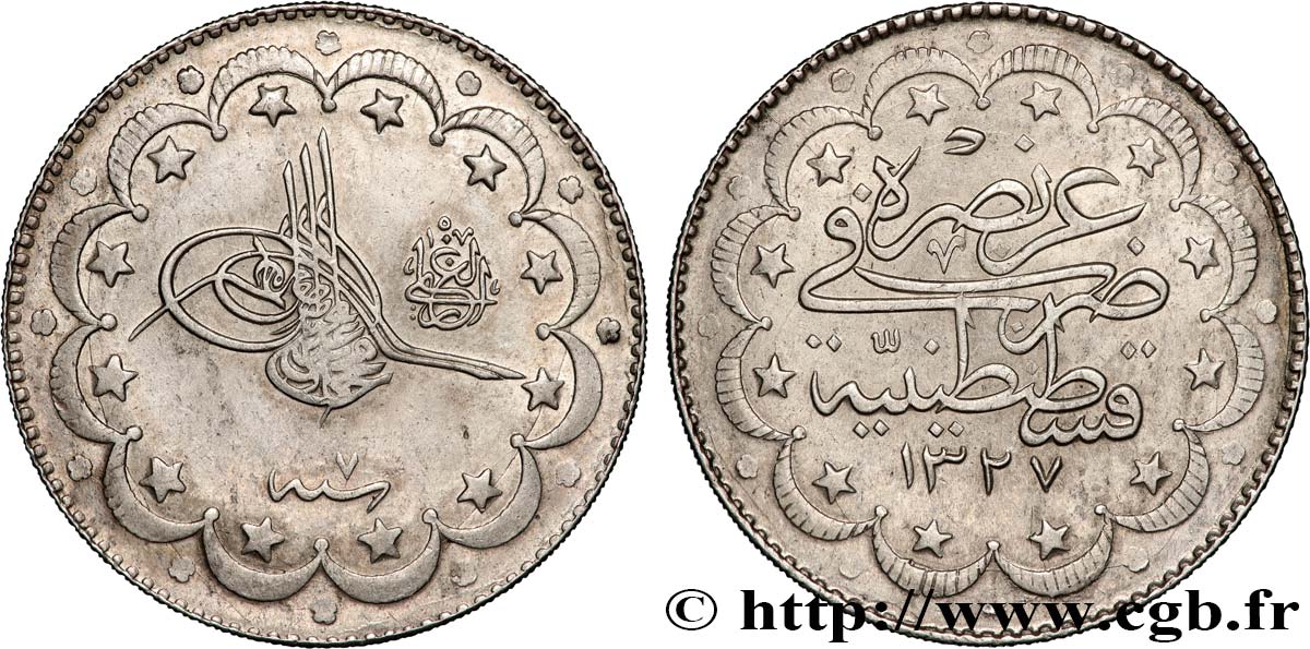 TURKEY 10 Kurush au nom de Mehmet V AH1327 an 7 1915 Constantinople AU 