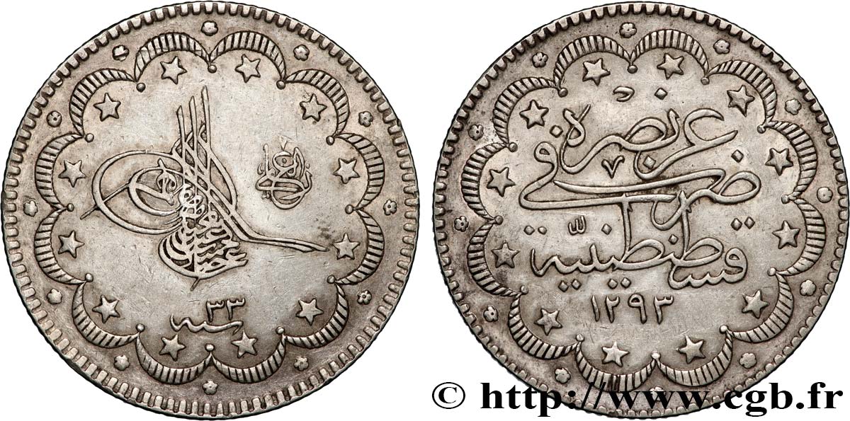 TÜRKEI 10 Kurush au nom de Abdul Hamid II AH1293 an 33 1907 Constantinople fVZ 