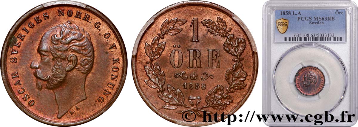 SUÈDE 1 Ore Oscar I 1858  SPL63 PCGS