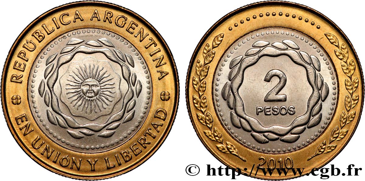 ARGENTINIEN 2 Pesos soleil frappe médaille 2010 Buenos Aires fST 