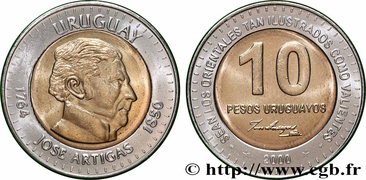 URUGUAY 10 Pesos José Gervasio Artigas, libérateur de l Uruguay 2000 MRC Winnipeg MS 