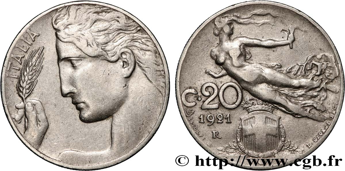 ITALIE 20 Centesimi allégorie de la Liberté 1921 Rome TTB+ 