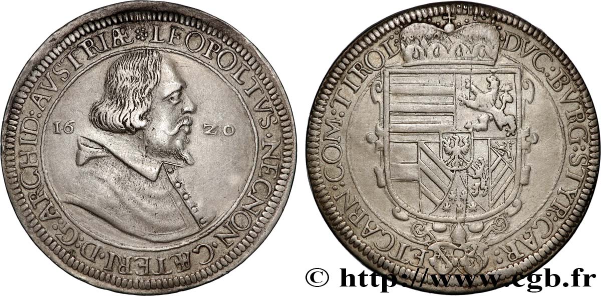 AUTRICHE - COMTÉ DE TYROL - LÉOPOLD V Thaler 1620 Hall TTB+ 