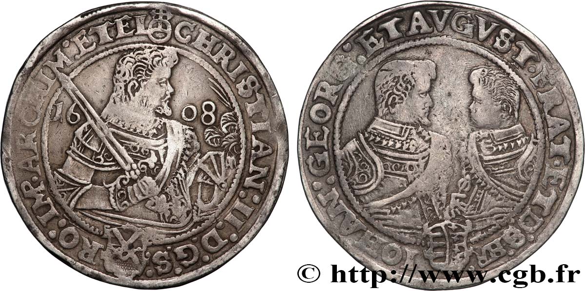 ALLEMAGNE - DUCHÉ DE SAXE - CHRISTIAN II, JEAN-GEORGES ET AUGUSTE 1 Thaler  1608  BB 