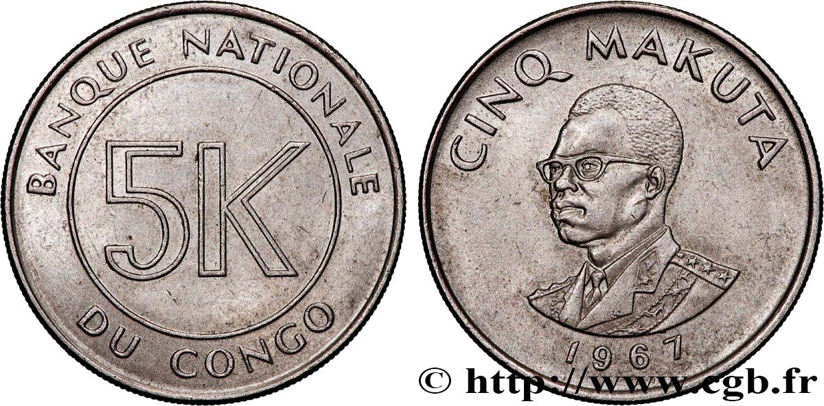 CONGO, DEMOCRATIC REPUBLIC 5 Makuta président Mobutu 1967  AU 