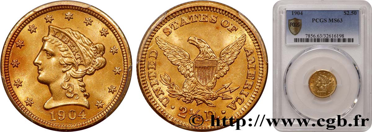 STATI UNITI D AMERICA 2 1/2 Dollars or (Quarter Eagle) type “Liberty Head” 1904 Philadelphie MS63 PCGS