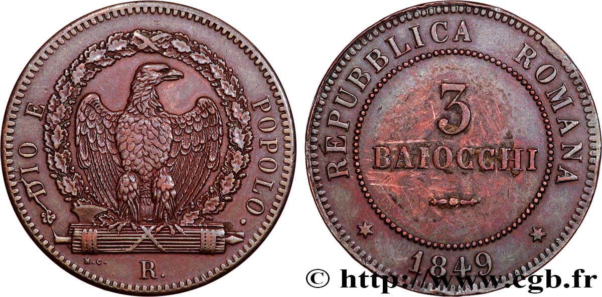 ITALY - RÉPUBLIQUE ROMAINE 3 Baiocchi 1849 Rome XF 