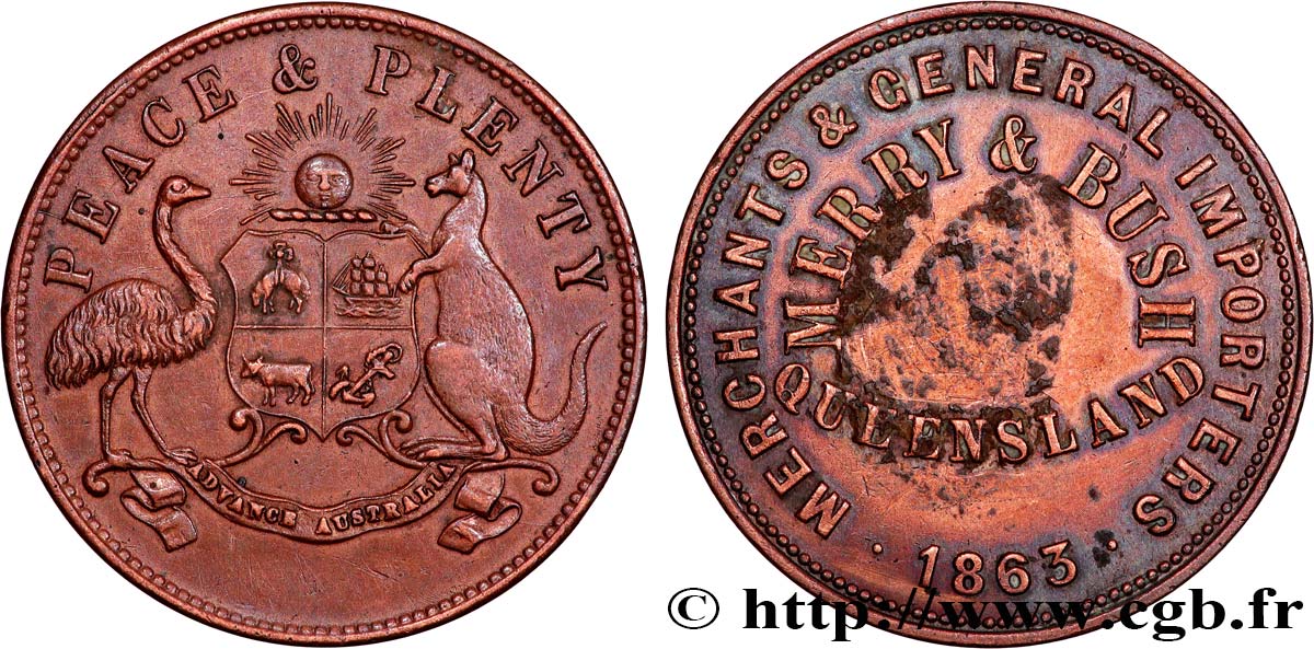 AUSTRALIE Token de 1 Penny publicitaire pour Merry & Bush 1863  TTB 