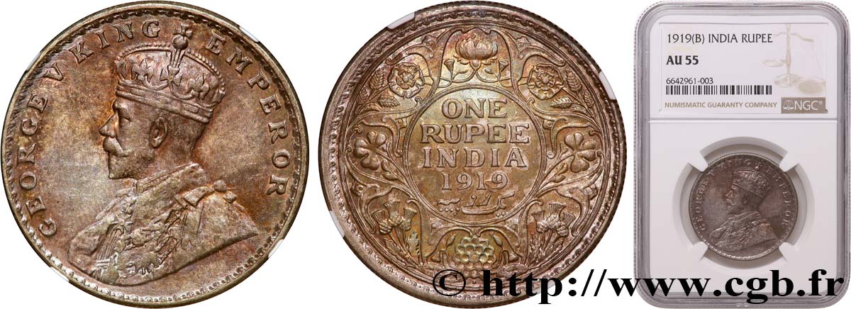 INDES BRITANNIQUES 1 Rupee (Roupie) Georges V 1919 Bombay SUP55 NGC