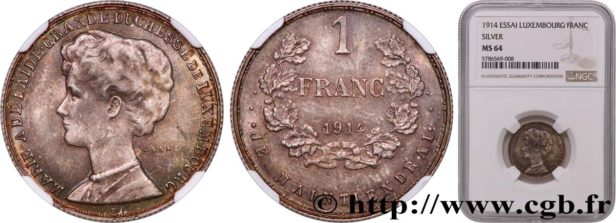 LUXEMBURGO Essai 1 Franc Marie-Adélaïde 1914 Bruxelles SC64 NGC