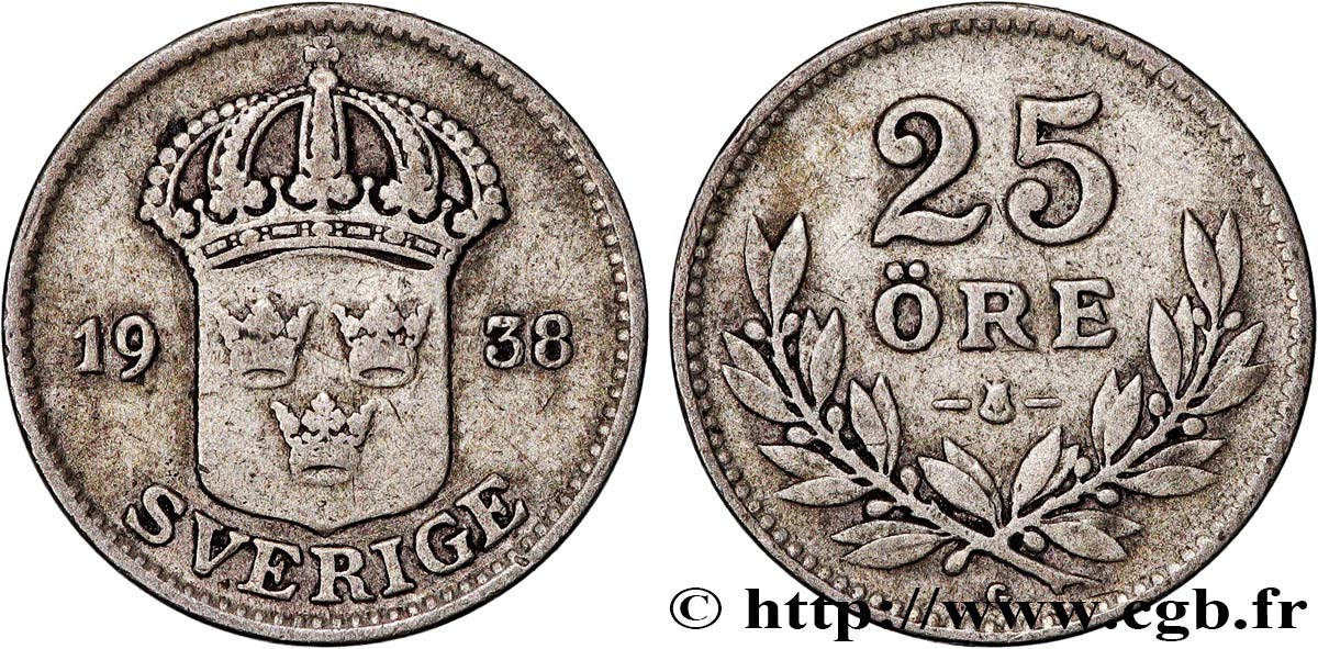 SUÈDE 25 Ore Gustave V 1938 Stockholm SPL 