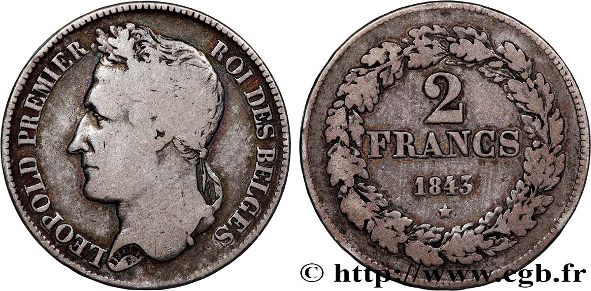 BELGIQUE - ROYAUME DE BELGIQUE - LÉOPOLD Ier 2 Francs tête laurée 1843  VF 