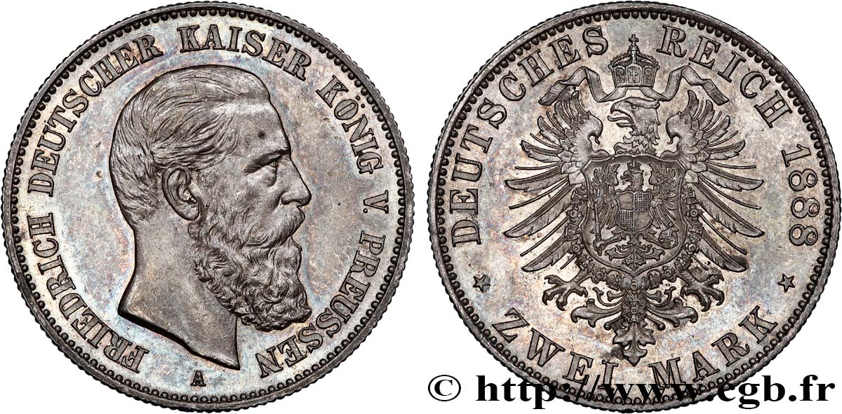 GERMANY - KINGDOM OF PRUSSIA - FREDERICK III 2 Mark 1888 Berlin MS 