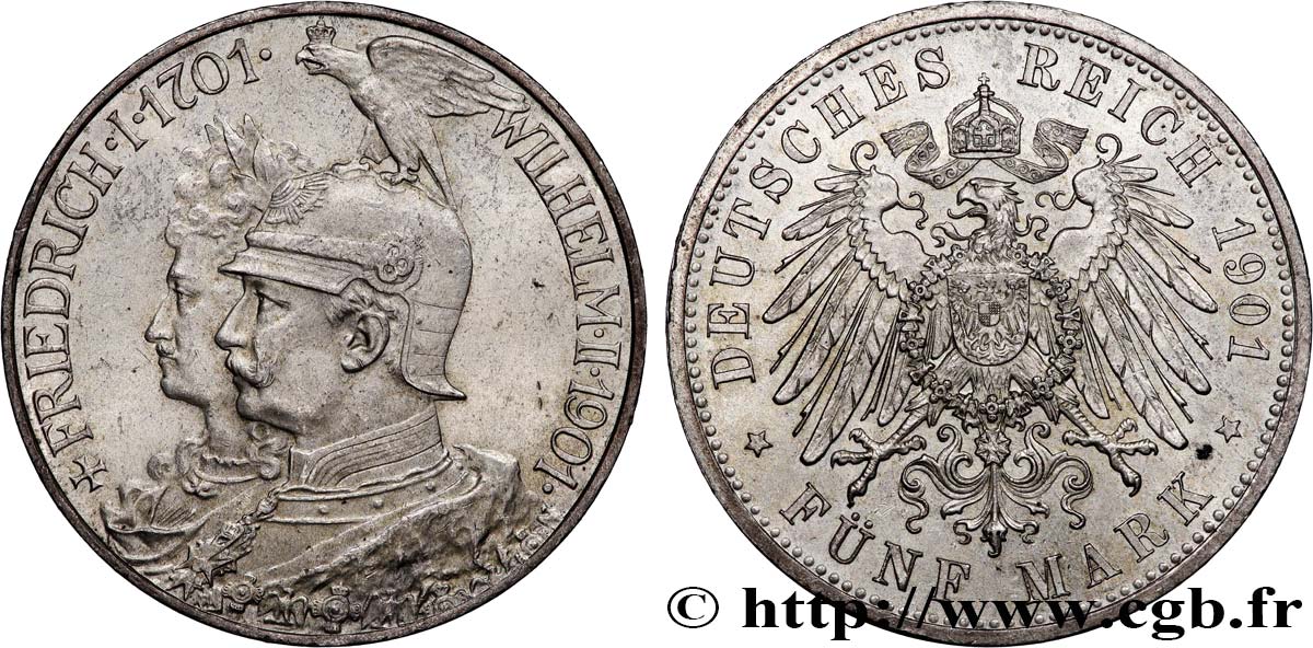 GERMANIA - REGNO DI PRUSSIA - GUGLIELMO II 5 Mark bicentenaire du royaume de Prusse 1901 Berlin SPL 