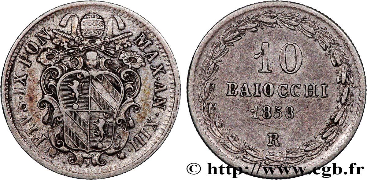 VATICAN ET ÉTATS PONTIFICAUX 10 Baiocchi Pie IX 1858  Rome TTB+ 