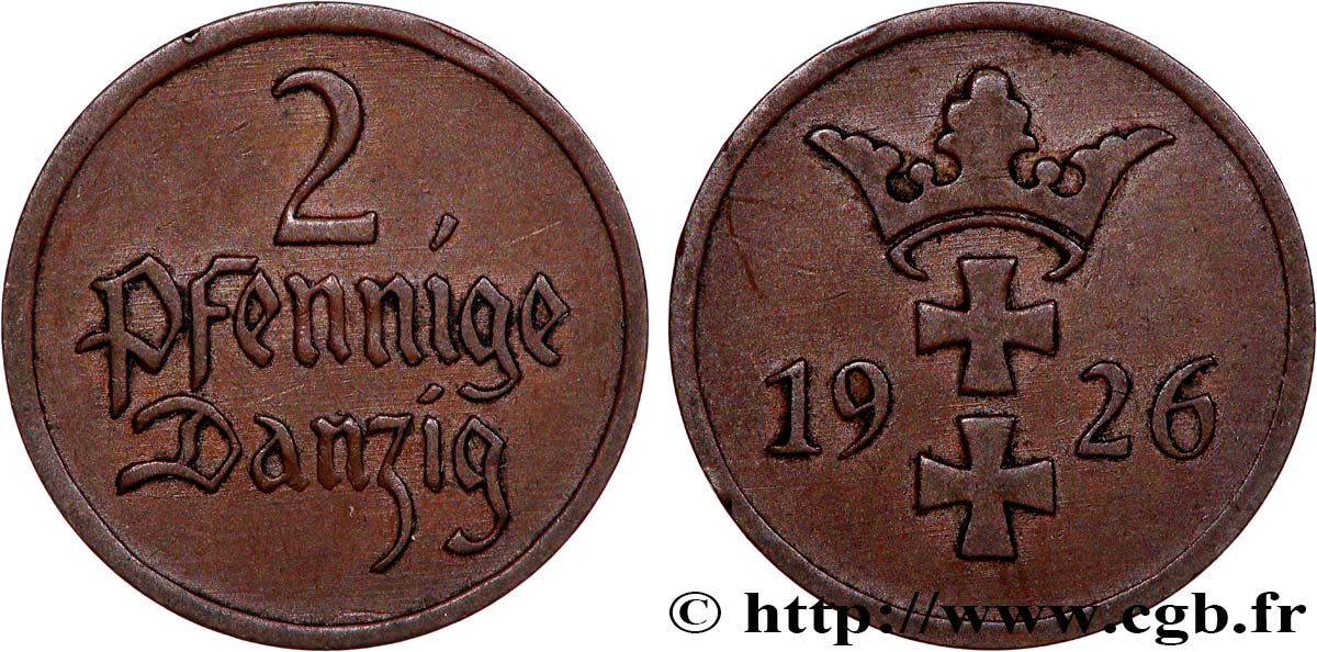 DANZIG (Free City of) 2 Pfennige 1926 Berlin XF 