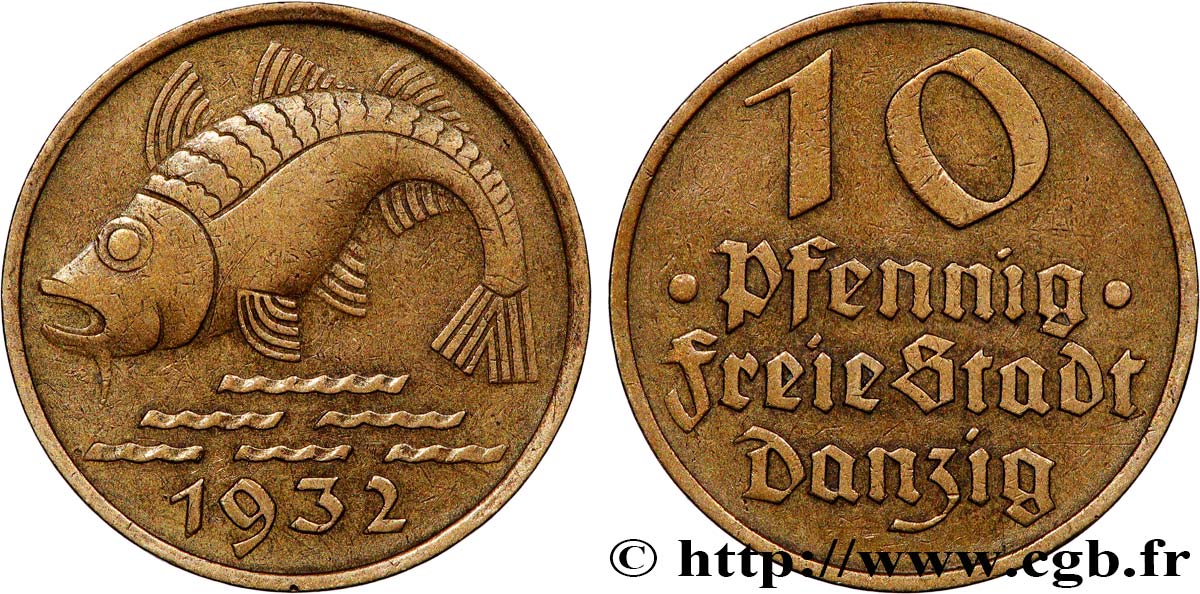 LIBERA CITTA DI DANZICA 10 Pfennig poisson 1932 Berlin BB 