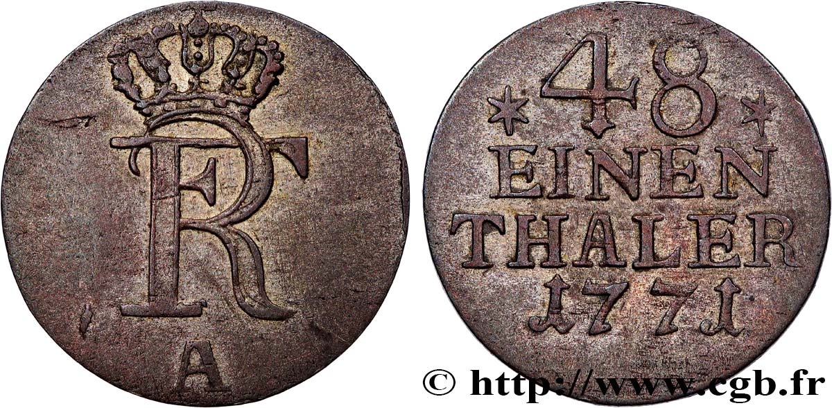 GERMANIA - PRUSSIA 1/48 Thaler monogramme de Frédéric II de Prusse 1771 Berlin BB 