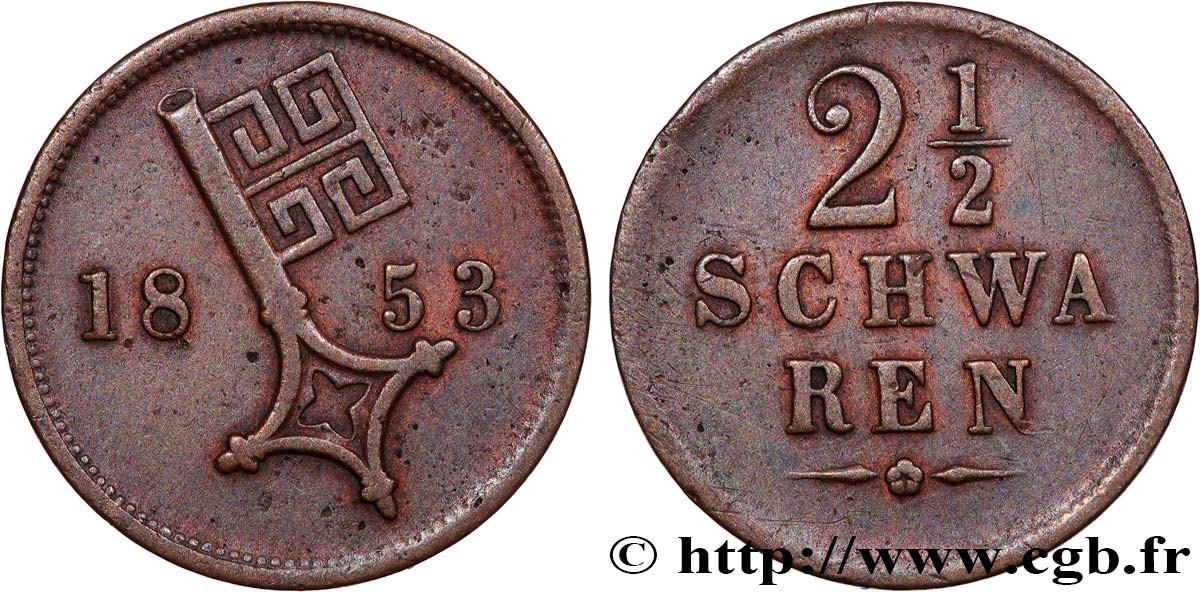 GERMANY - FREE HANSEATIC CITY OF BREMEN 2 1/2 Schwaren clef 1853  XF 