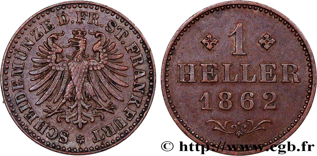 ALLEMAGNE - VILLE LIBRE DE FRANCFORT 1 Heller 1862  TTB+ 