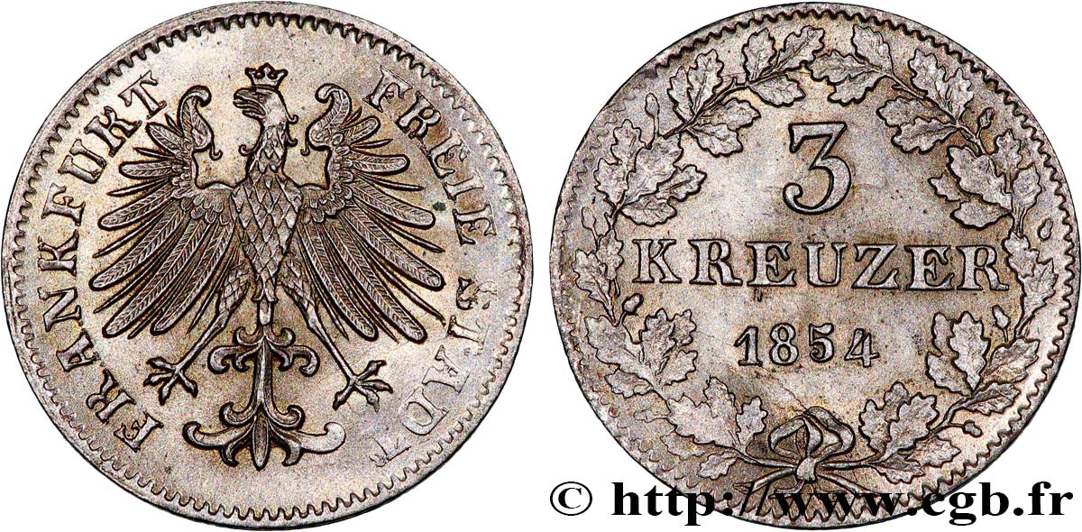 ALEMANIA - CIUDAD LIBRE DE FRáNCFORT 3 Kreuzer Ville libre de Francfort :  aigle 1854 Francfort EBC 