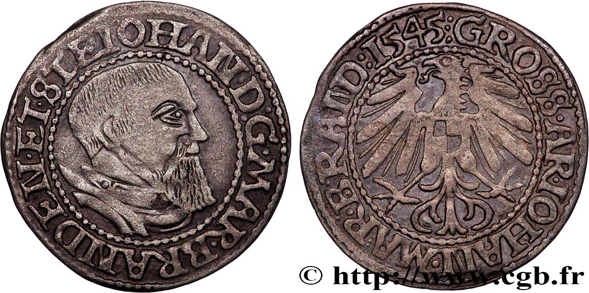 GERMANY - MARGRAVIATE OF BRANDENBURG-KÜSTRIN - JOHANN I 1 Groschen  1545 Krossen XF 