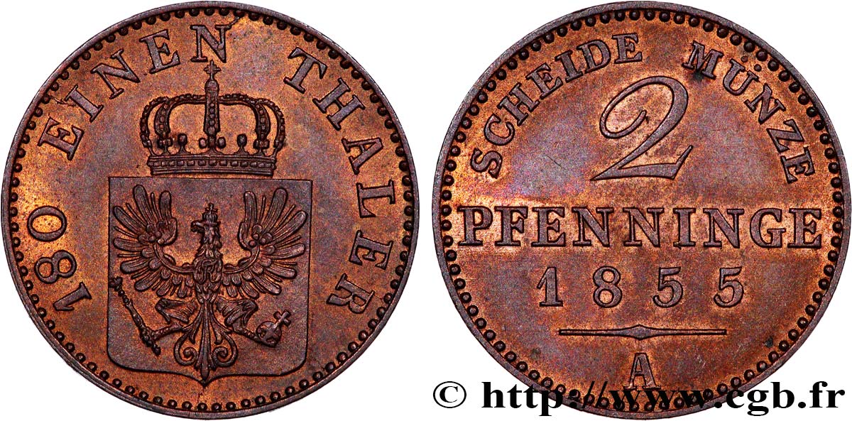 GERMANIA - PRUSSIA 2 Pfenninge Royaume de Prusse écu à l’aigle 1855 Berlin SPL 