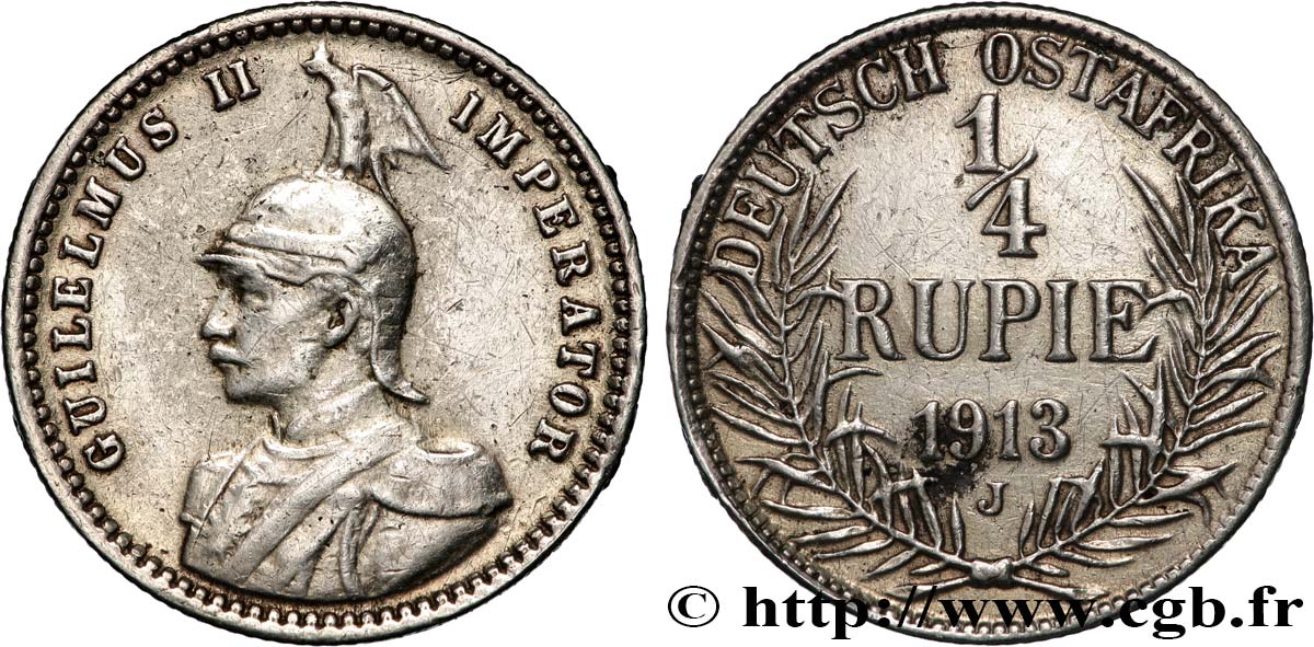 DEUTSCH-OSTAFRIKA 1/4 Rupie (Roupie) Guillaume II 1913 Hambourg SS 