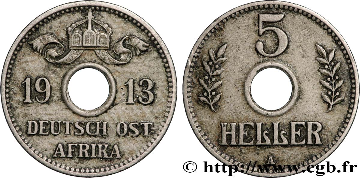 GERMAN EAST AFRICA 5 Heller Deutch Ostafrica 1913 Berlin XF 