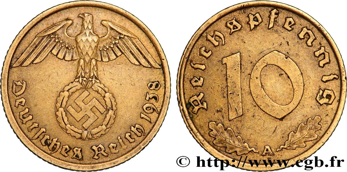 ALLEMAGNE 10 Reichspfennig aigle surmontant une swastika 1938 Berlin TTB 