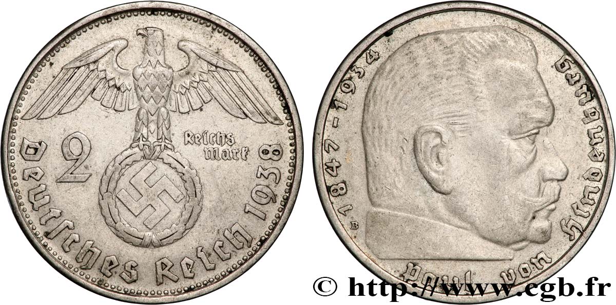 ALLEMAGNE 2 Reichsmark Maréchal Paul von Hindenburg 1938 Vienne TTB 