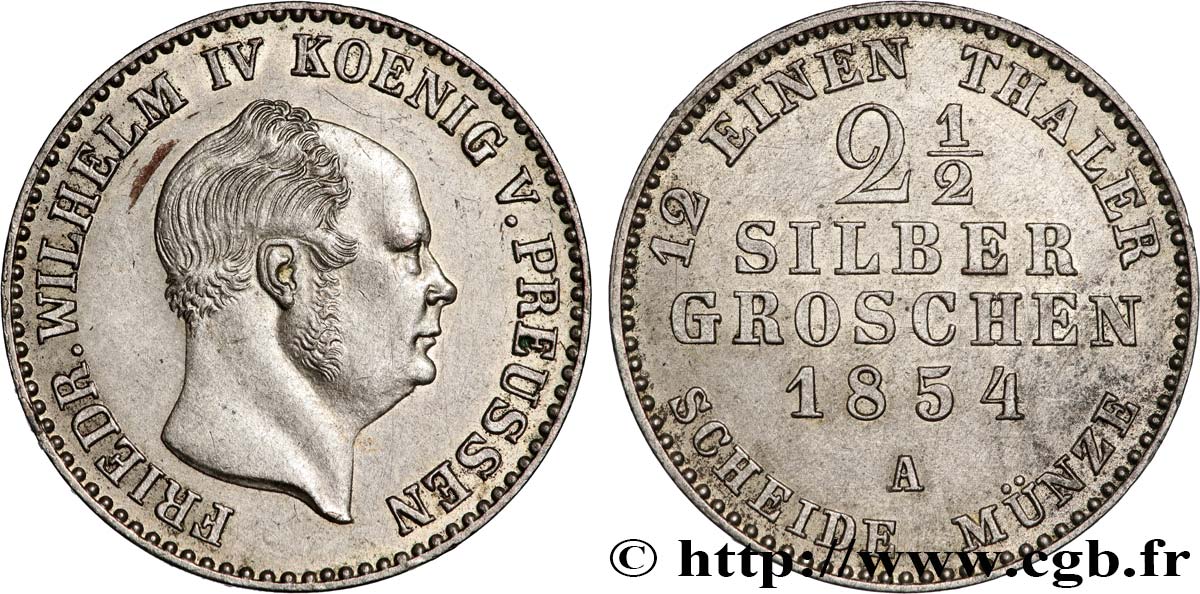 GERMANIA - PRUSSIA 2 1/2 Silbergroschen Frédéric Guillaume IV 1854 Berlin q.SPL 