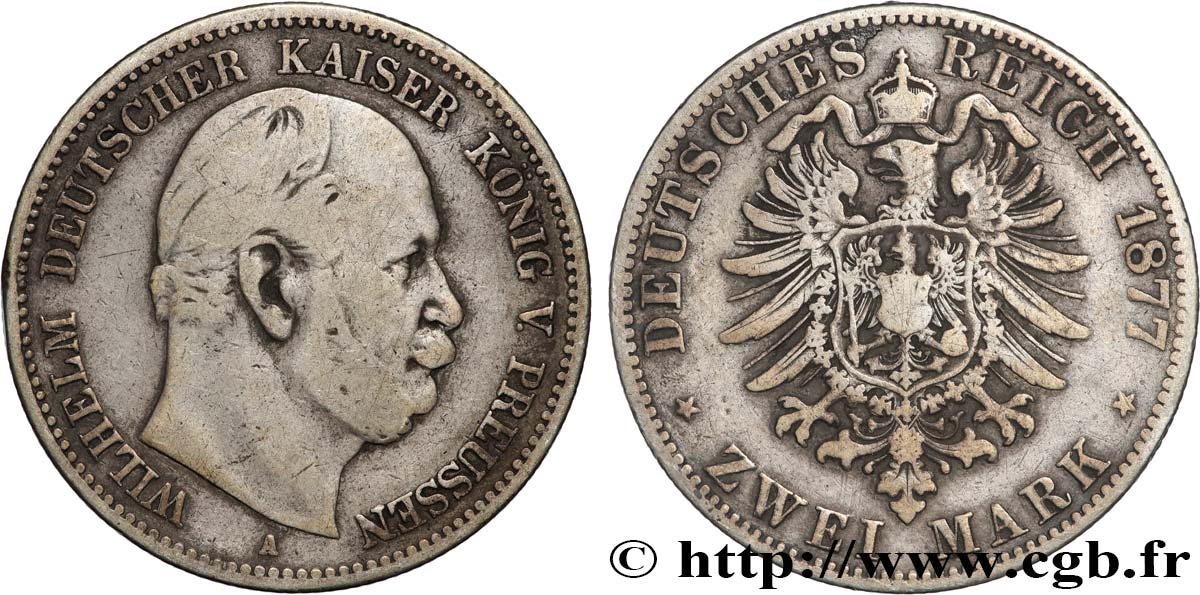 GERMANY - PRUSSIA 2 Mark royaume Guillaume Ier, 1e type 1877 Berlin VF 