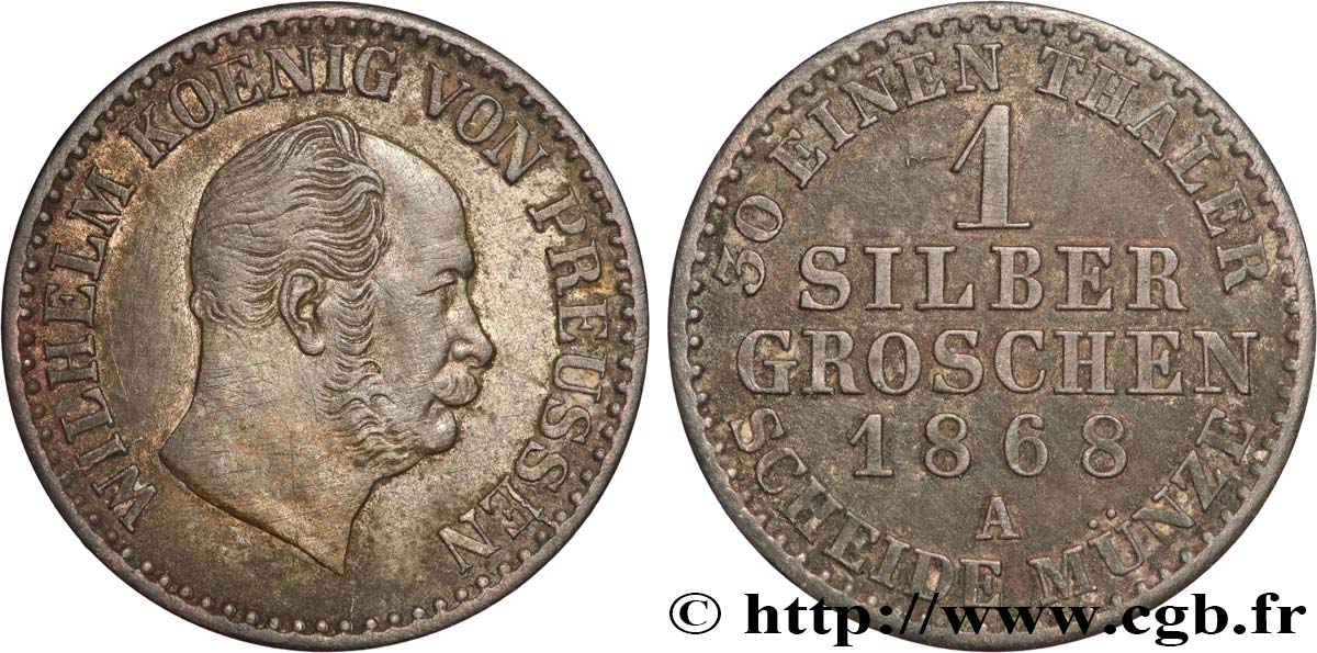 GERMANIA - PRUSSIA 1 Silbergroschen Guillaume Ier 1868 Berlin BB 