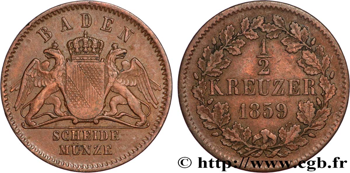 ALLEMAGNE - BADE 1/2 Kreuzer 1859  TTB 