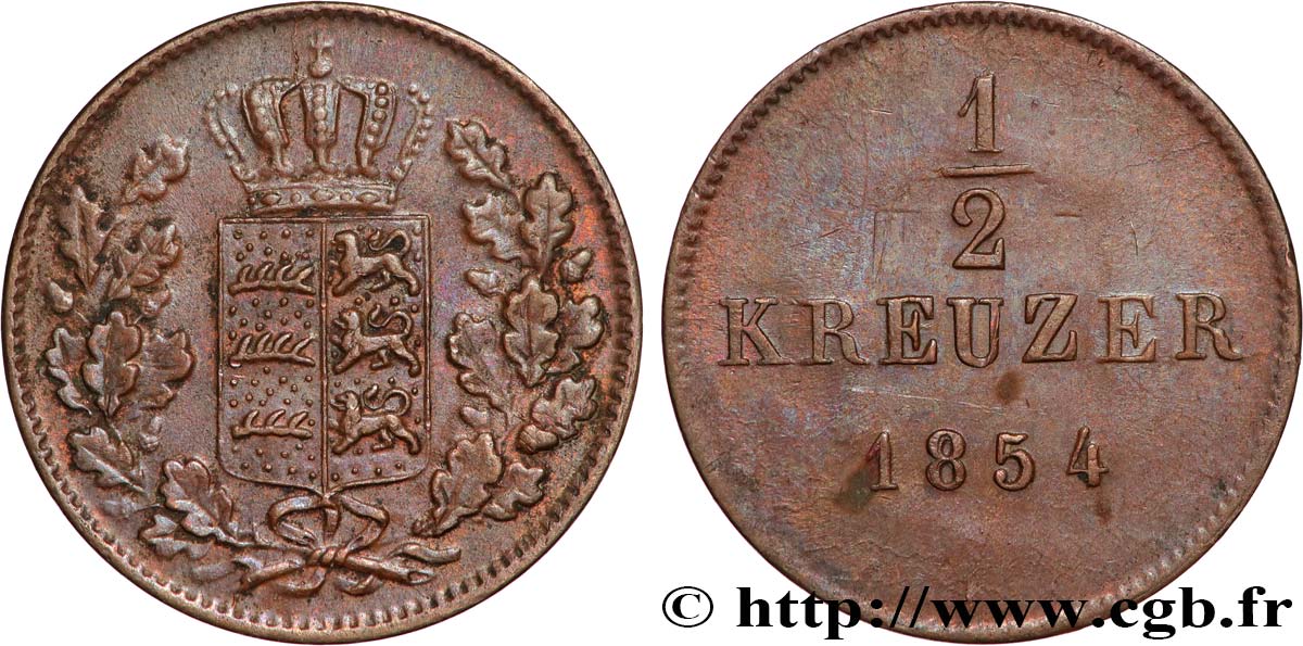 ALLEMAGNE - WURTEMBERG 1/2 Kreuzer Royaume du Würtemberg 1854 Stuttgart TTB+ 