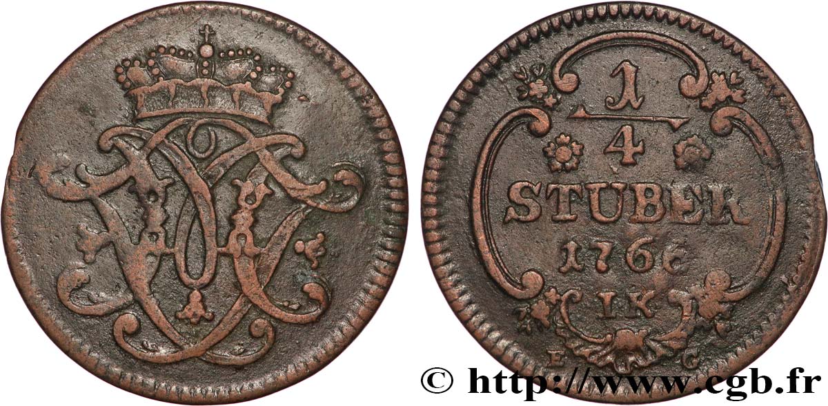 GERMANY - COLOGNE 1/4 Stuber armes de Maximilien-Frédéric de Königsegg-Rotenfels prince-évèque 1766  XF 