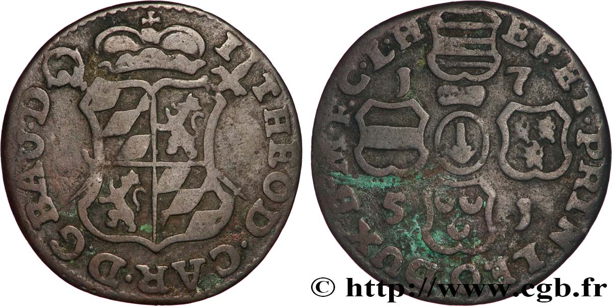 BELGIUM - PRINCE-BISHOPRIC OF LIÈGE 1 Liard Évéché de Liège frappe au nom de Jean-Théodore de Bavière 1751  VF 