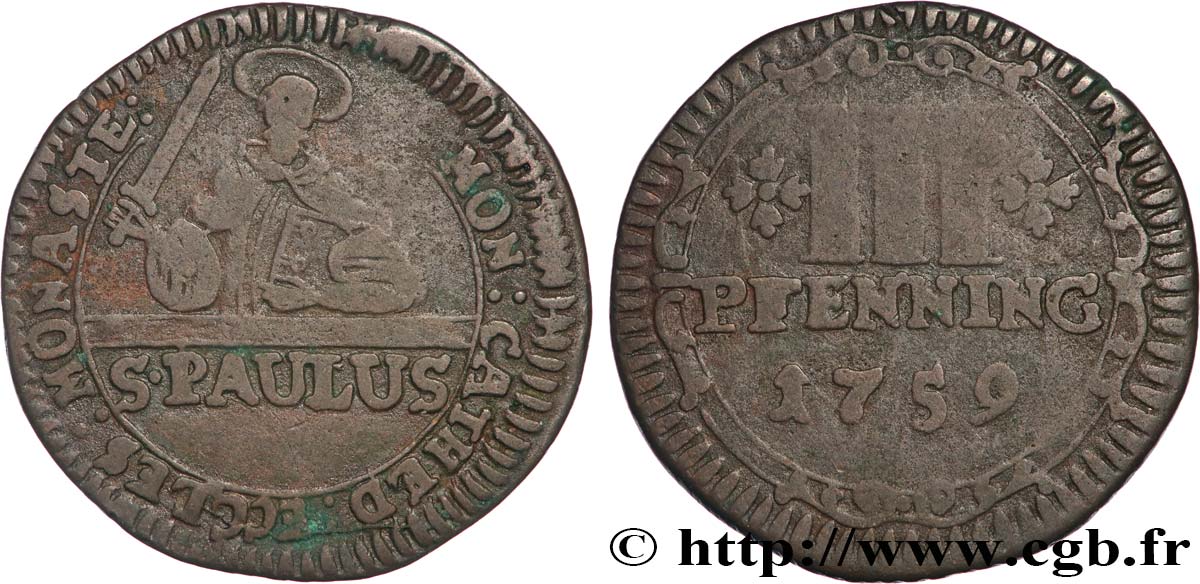 GERMANY - MUNSTER 3 Pfenning Chapitre de la Cathédrale de Munster 1759  VF 