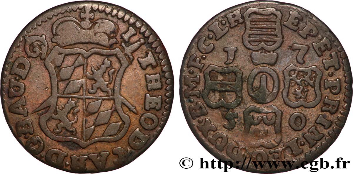 BELGIUM - PRINCE-BISHOPRIC OF LIÈGE 1 Liard Évéché de Liège frappe au nom de Jean-Théodore de Bavière 1750  VF 