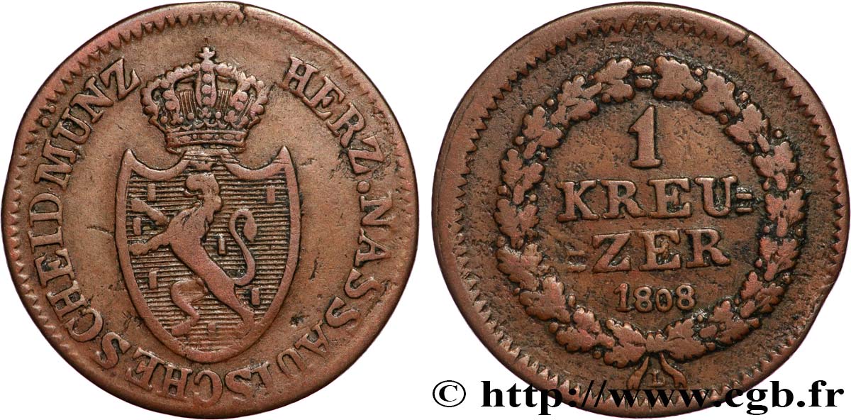 GERMANY - NASSAU 1 Kreuzer Grand-Duché de Nassau 1808  VF 