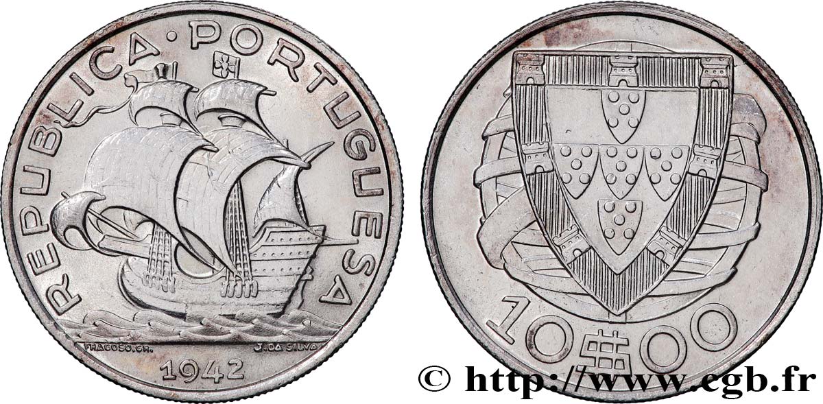 PORTOGALLO 10 Escudos voilier / armes sur globe 1942  q.SPL 