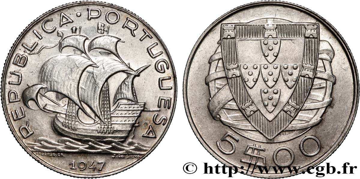 PORTOGALLO 5 Escudos emblème 1947  q.SPL 