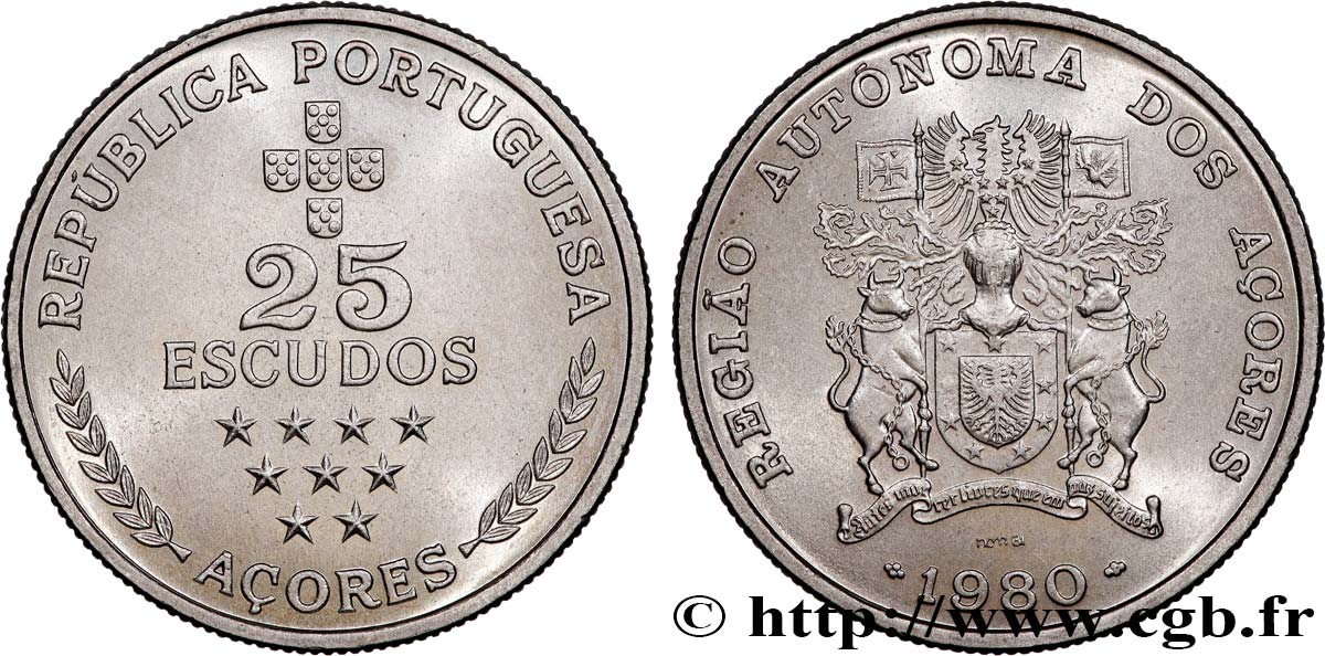 AZORES 25 Escudos emblème 1980  EBC 