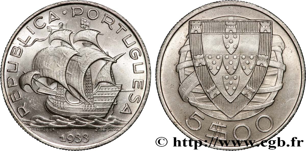 PORTUGAL 5 Escudos emblème 1933  SUP 